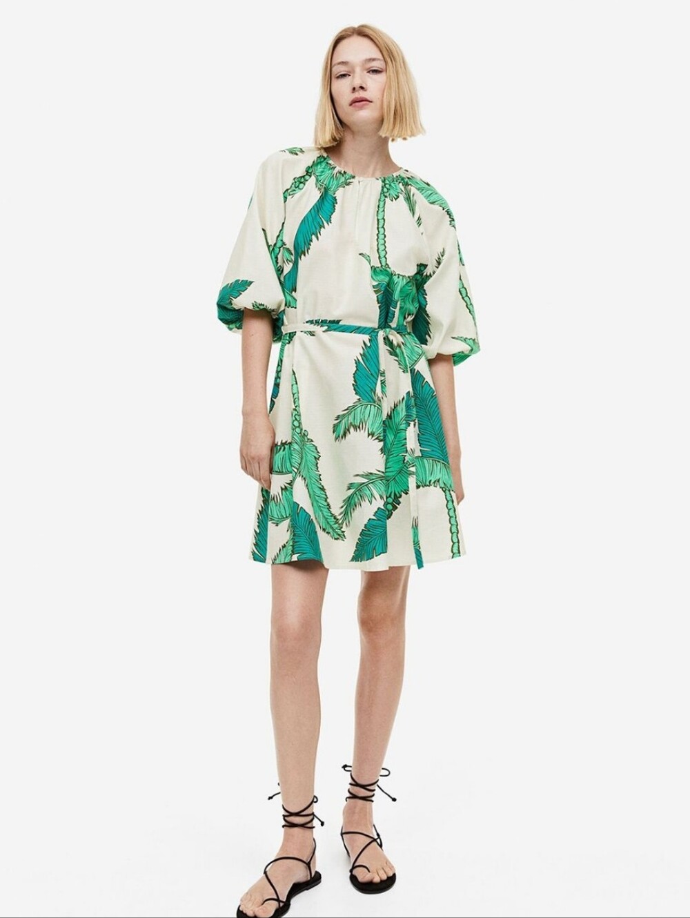 H&M 1Cream Dress with Green Palm Print 100% Cotton Size L